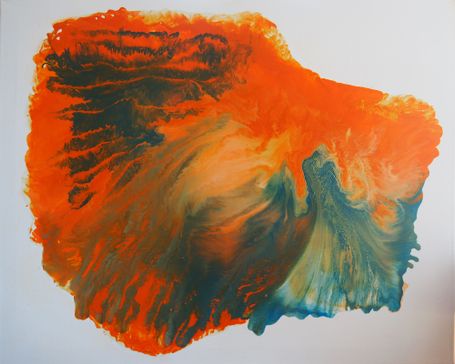 pintura abstracta de manchas naranjas y azules