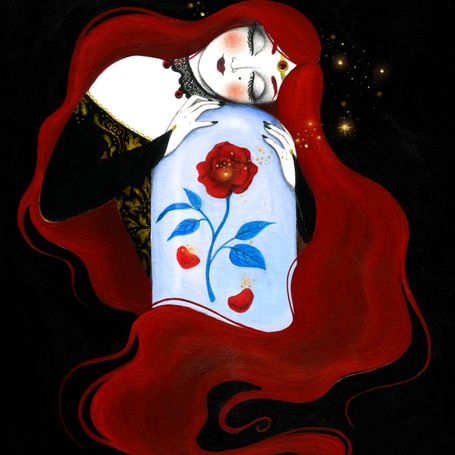 Ilustración de una mujer pelirroja con pelo largo abrazando una cúpula de cristal con una rosa roja
