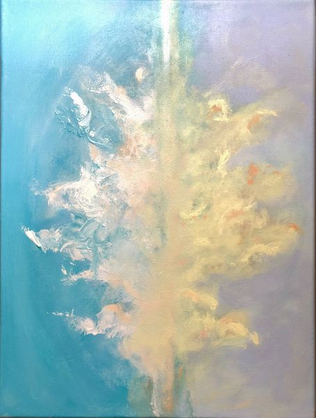Pintura abstracta azul y amarillo con mucha luz