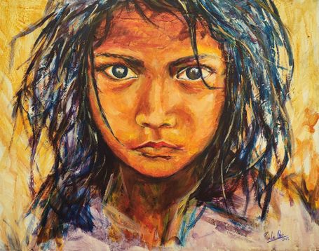 Pintura de un niño con ojos grande que mira fijamente